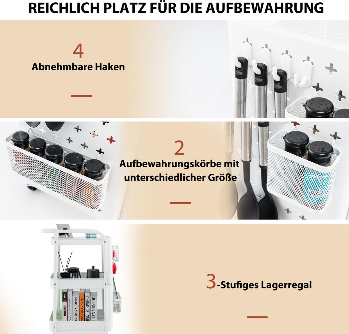 KUCHENWAGEN Rollwagen 4 Etagen Weiß - Weiß, Metall (52/75/33cm) - COSTWAY
