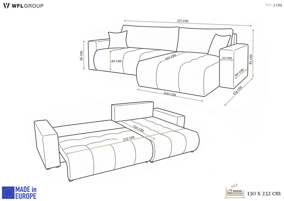 ECKSOFA Alva 3-Sitzer Universall Rechts/Links, Strukturstoff Taupe Beige Grau 277/154/83 cm - Taupe/Beige, Textil (277/154cm) - WFL GROUP