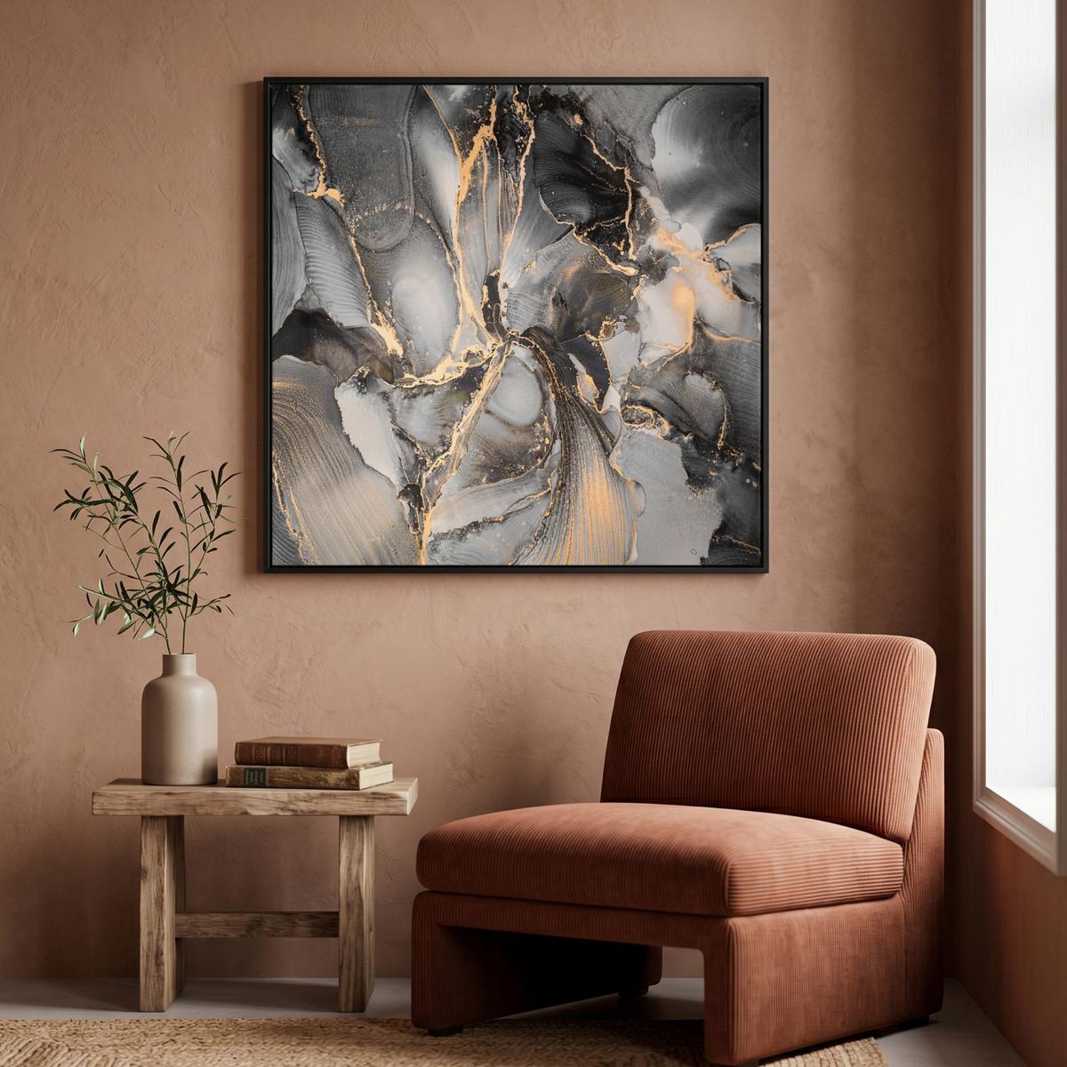 LEINWAND Bilder mit Rahmen - Grau - Luxus - Gold - Marmor - 90x90 - Dunkelgrau, Textil (90/90cm) - MuchoWow