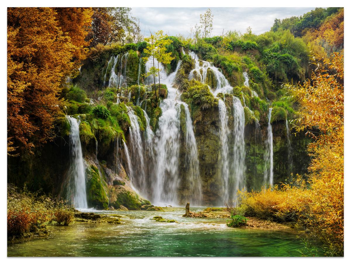 FOTOTAPETE für Esszimmer Exotischer Wasserfall Herbstbaum 450x315 - Gelb/Beige, Papier (450/315cm) - Muralo