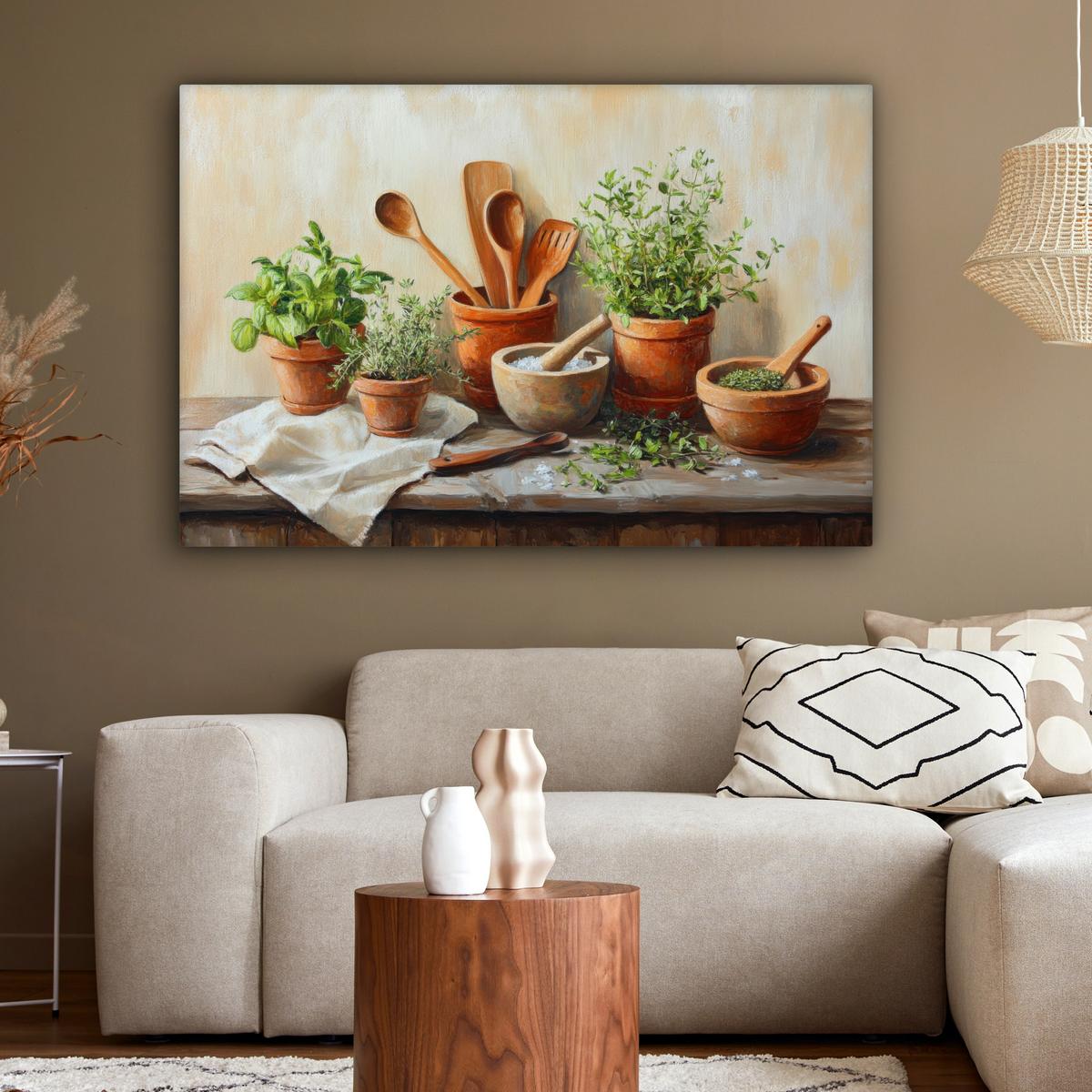LEINWANDBILD Töpfe - Kräuter - Holz Groß 140x90 cm - Terracotta, Textil (140/90cm) - MuchoWow