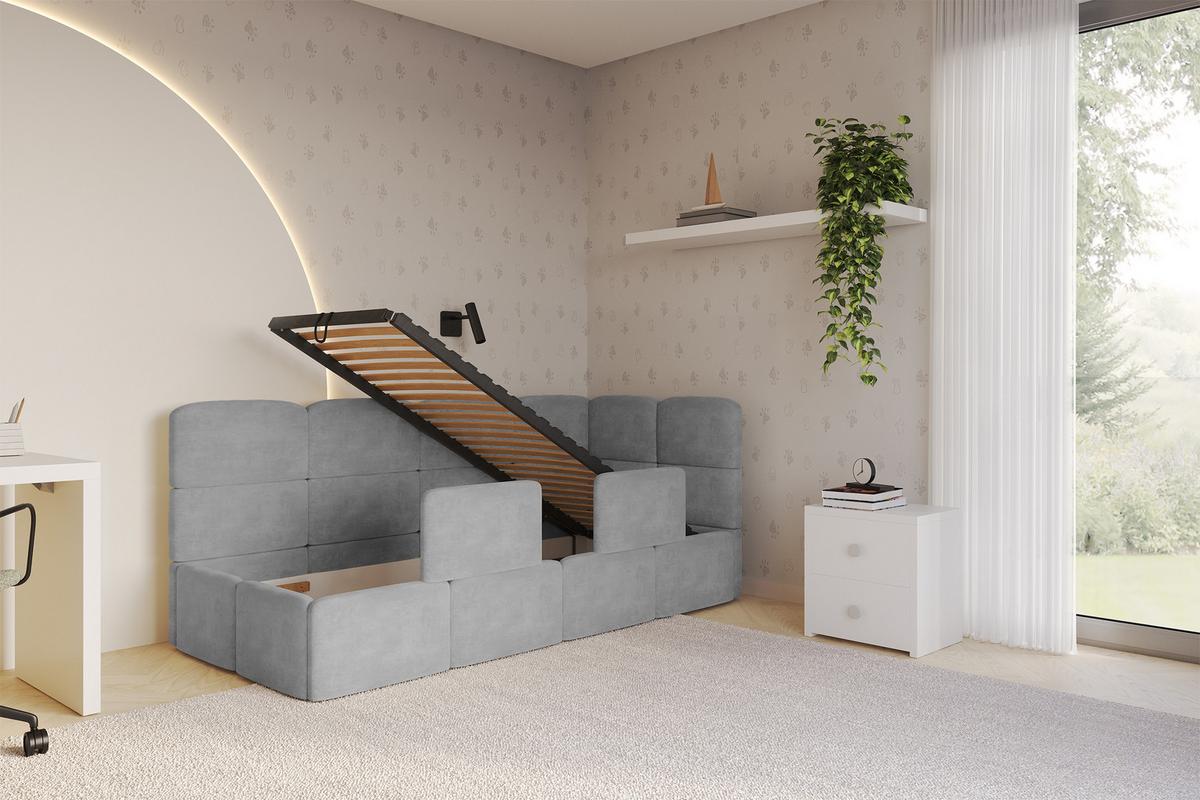 EINZELLBETT Jugendbett mit Bettkasten, Links - KIVY 90x200 Grau - Hellgrau, Holzwerkstoff/Textil (90/200cm) - ALTDECOR