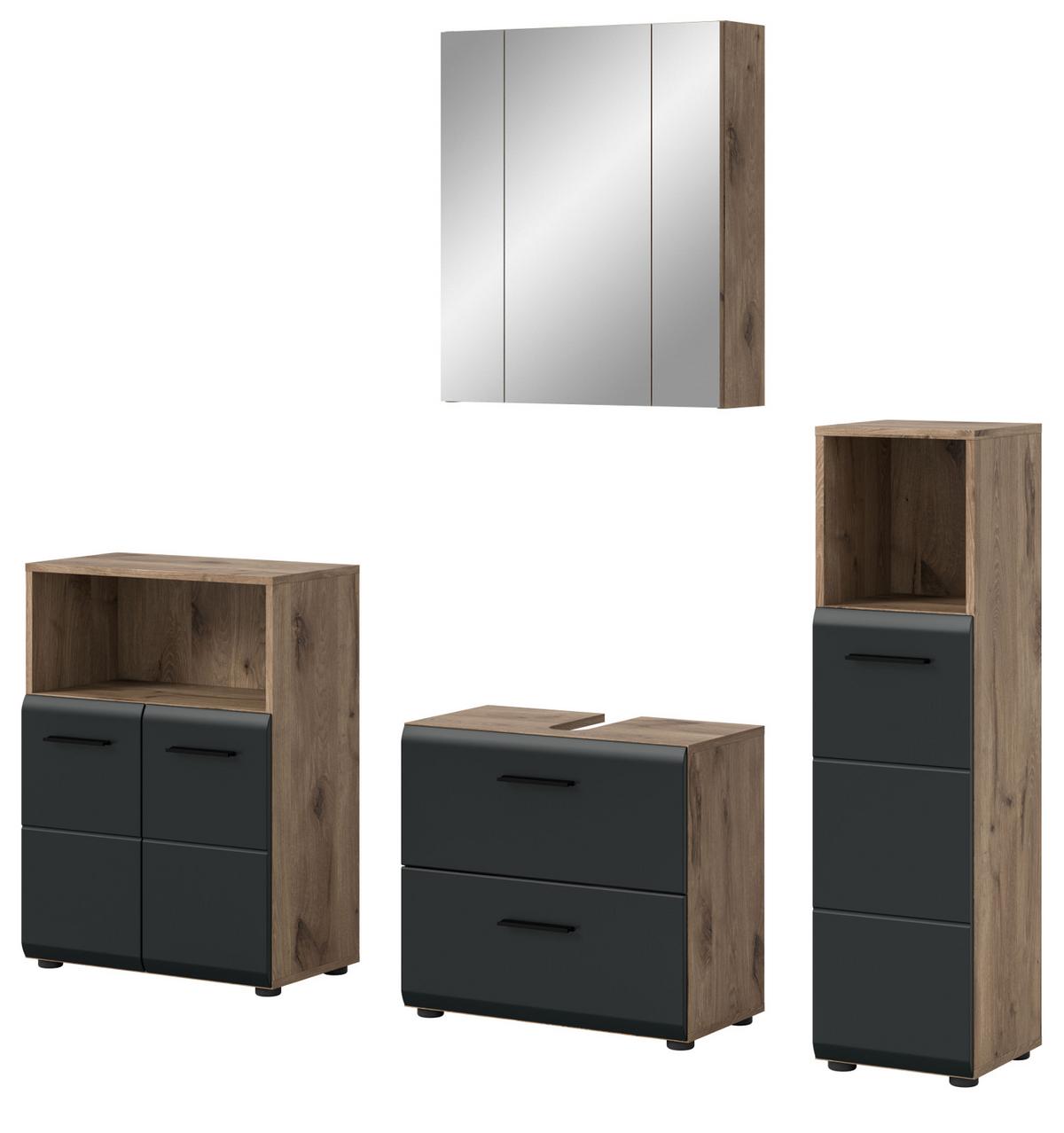 BADMÖBEL-SET 4-teilig schwarz matt, Eiche Nox, Badezimmerschränke Set 180 cm - Eichefarben/Schwarz, Glas/Holzwerkstoff (180/185/30cm) - Inn.Furn