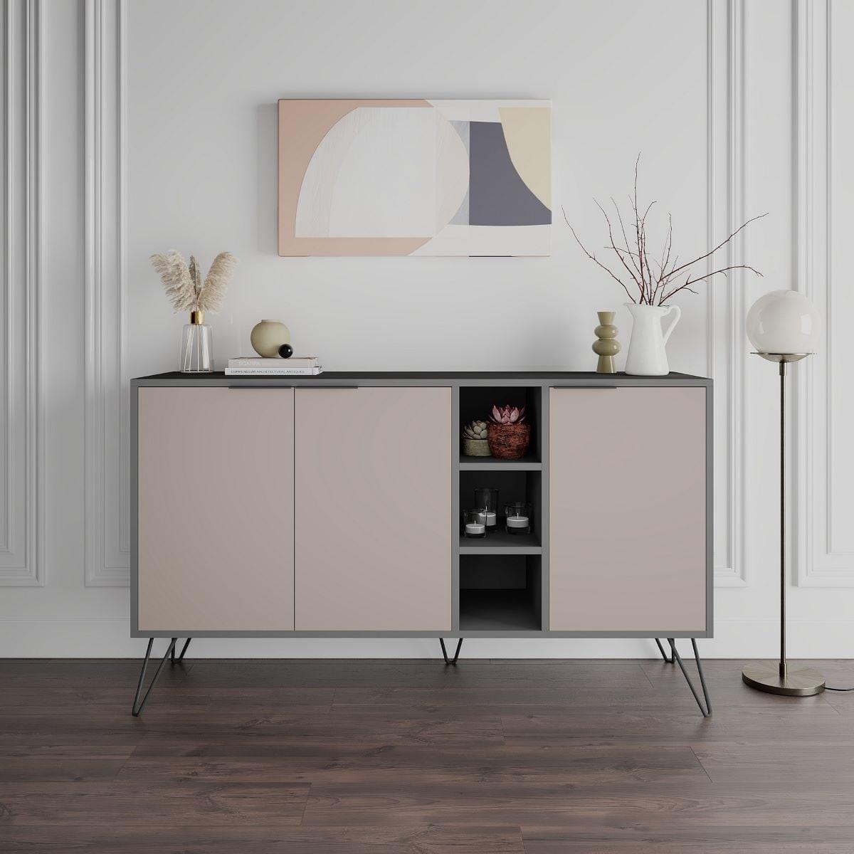SIDEBOARD 3 Nischen und 3 Türen L142 cm - Clara - Taupe, Holzwerkstoff (35.6/83/15cm) - Calicosy