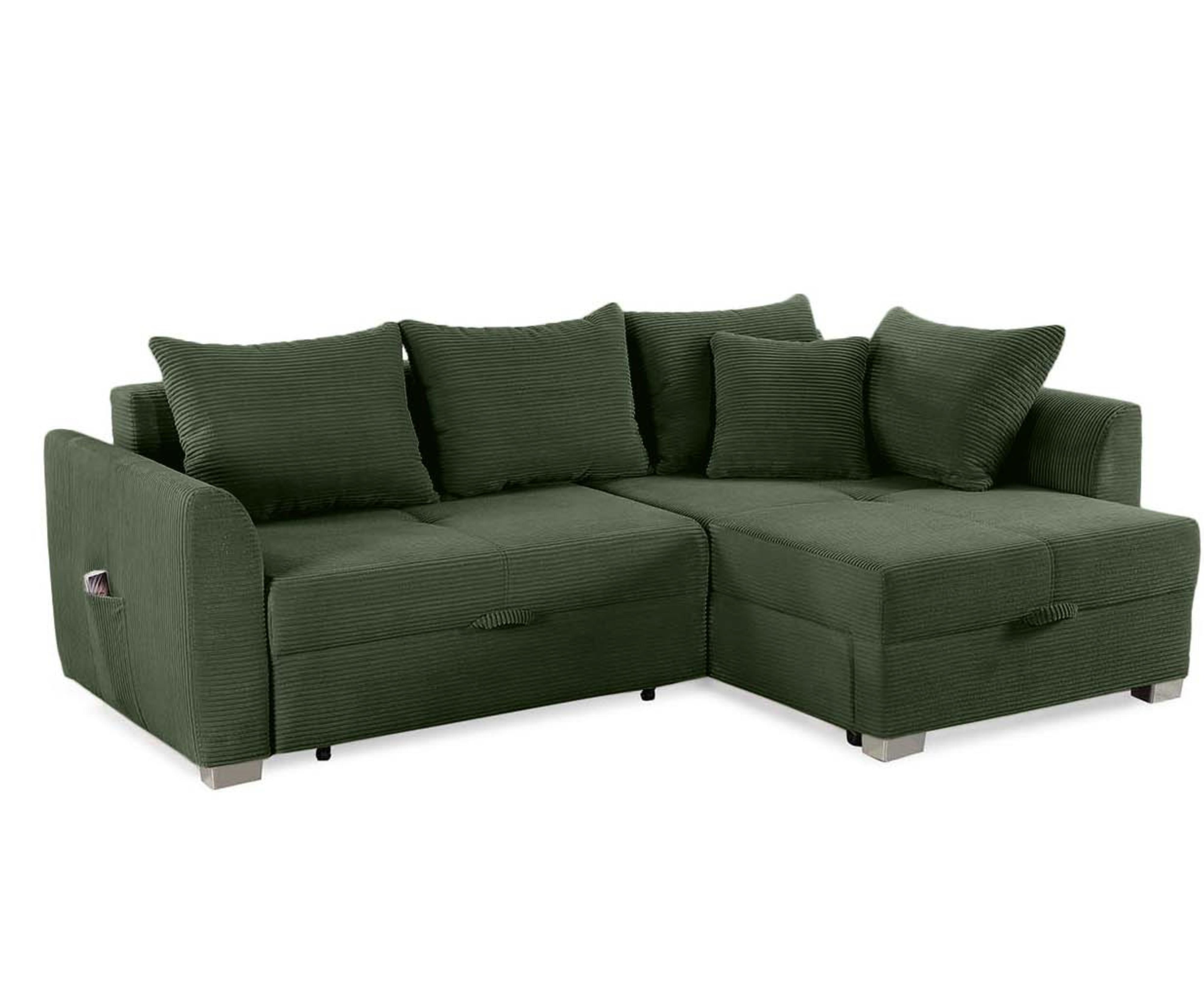 ECKSOFA mit Schlaffunktion und Bettkasten, seitenverkehrt montierbar B236/T160/H81 cm, Liegefl. 142x202 cm, Cord Grün / 15207 - Chromfarben/Grün, Kunststoff/Textil (236/160cm) - luma-home