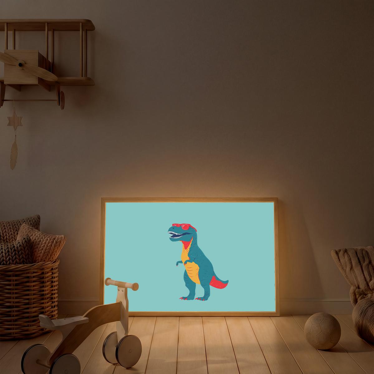 WANDLEUCHTE MIT AKKU Dinosaurier - Blau - Sonnenbrille 100x70 cm - Hellblau, Holzwerkstoff (100/70/8cm) - OnlyWow