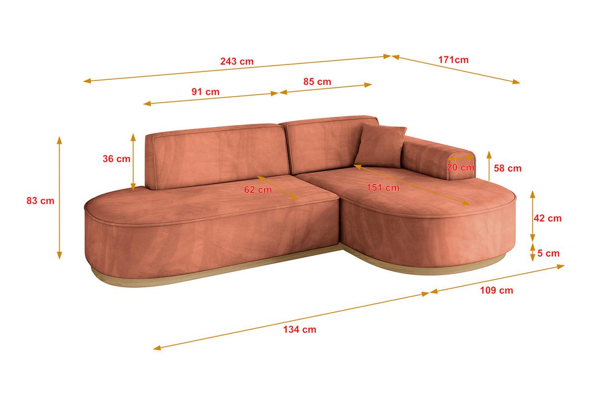ECKSOFA Ottomane Rechts MARI-L1-v2 - 243x171x83 cm Koralle Velours - Koralle, Holzwerkstoff/Textil (171/243cm) - ALTDECOR