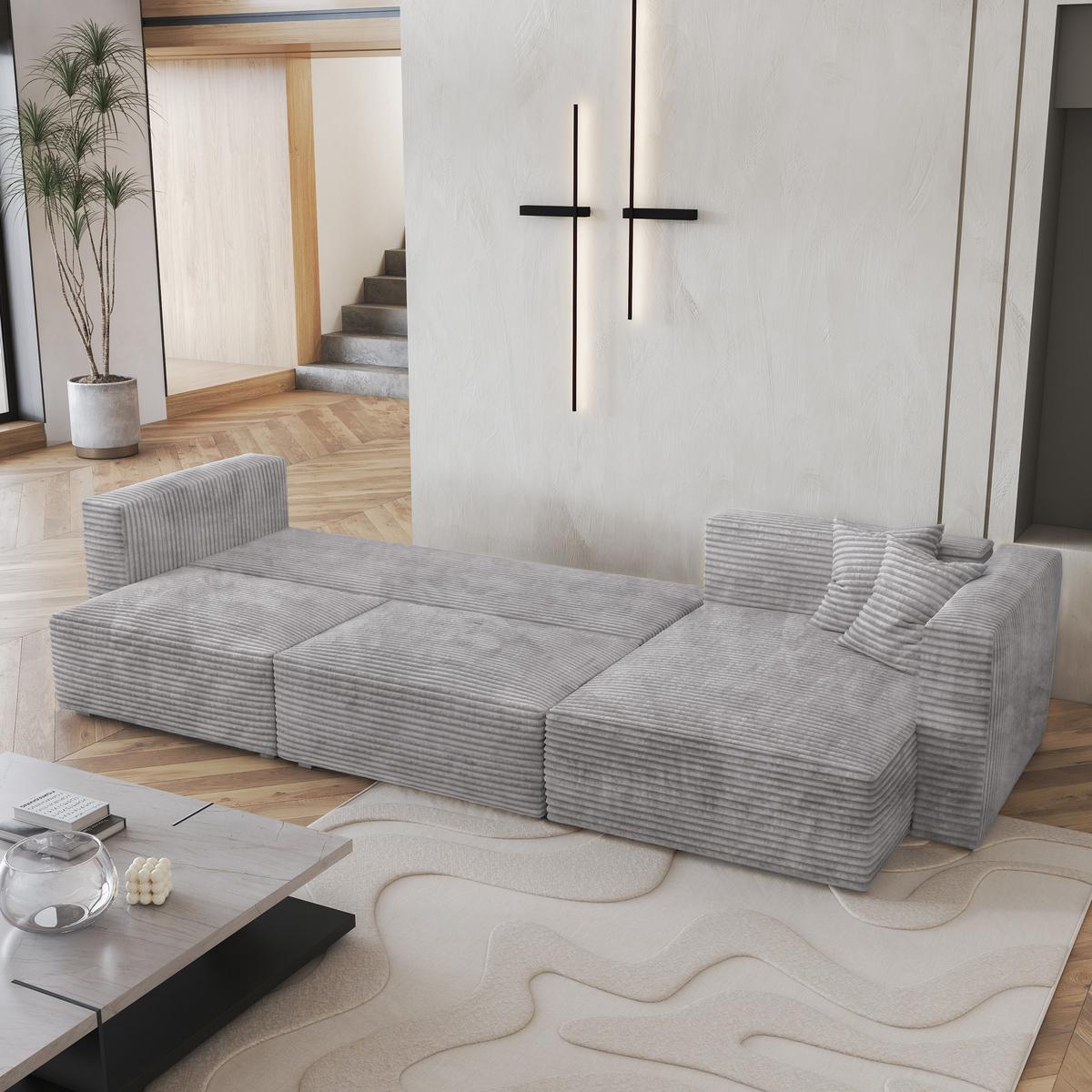 ECKSOFA TOLMO Hellgrau Kordstoff mit Schlaffunktion - Hellgrau/Grau, Holz/Kunststoff (347/148cm) - MASSENO