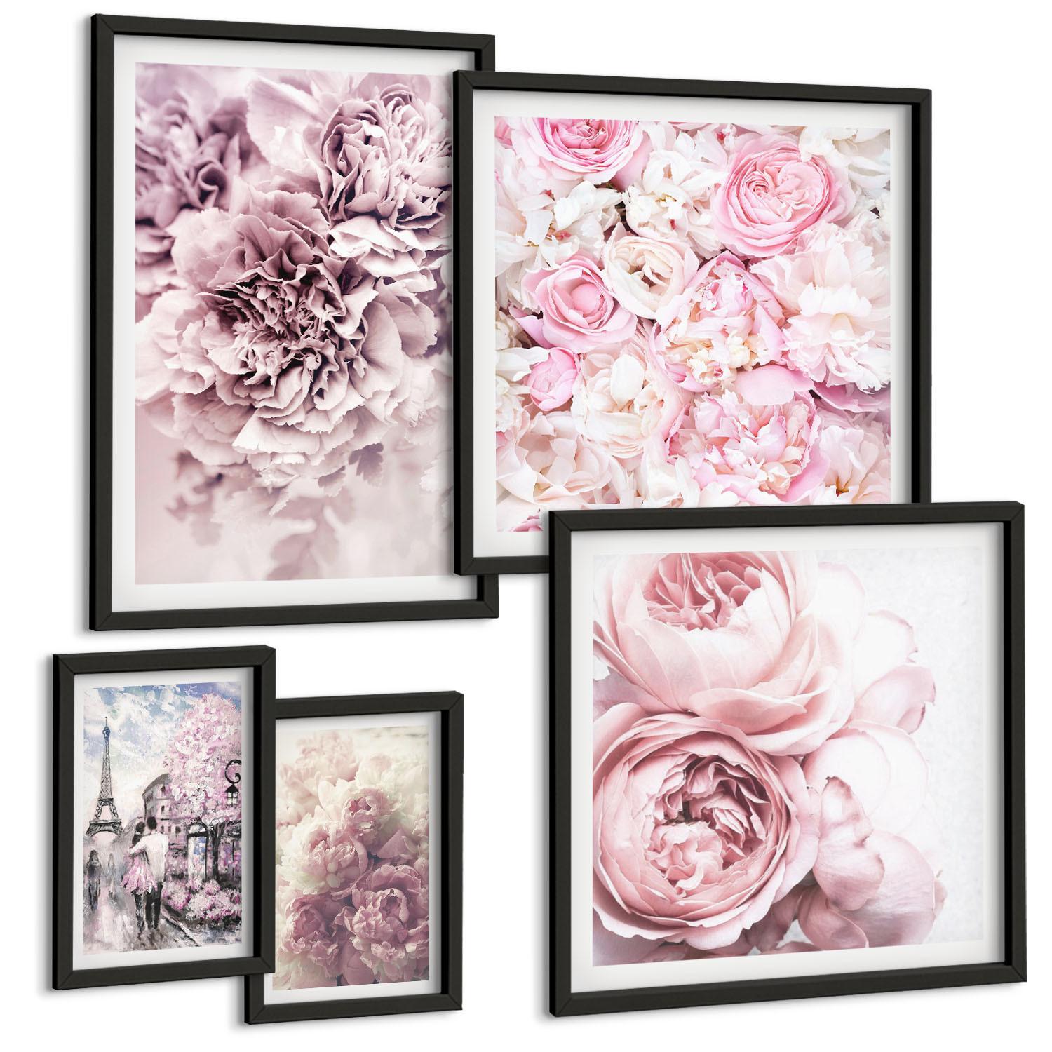 BILDER SET 5er Set - 50x50 cm & 20x30 cm & 40x60 cm Schwarzer Rahmen - Rosa Blumen, romantische Landschaft - Schwarz, Kunststoff (40/60cm) - TULUP