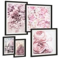 BILDER SET 5er Set - 50x50 cm & 20x30 cm & 40x60 cm Schwarzer Rahmen - Rosa Blumen, romantische Landschaft - Schwarz, Kunststoff (40/60cm) - TULUP