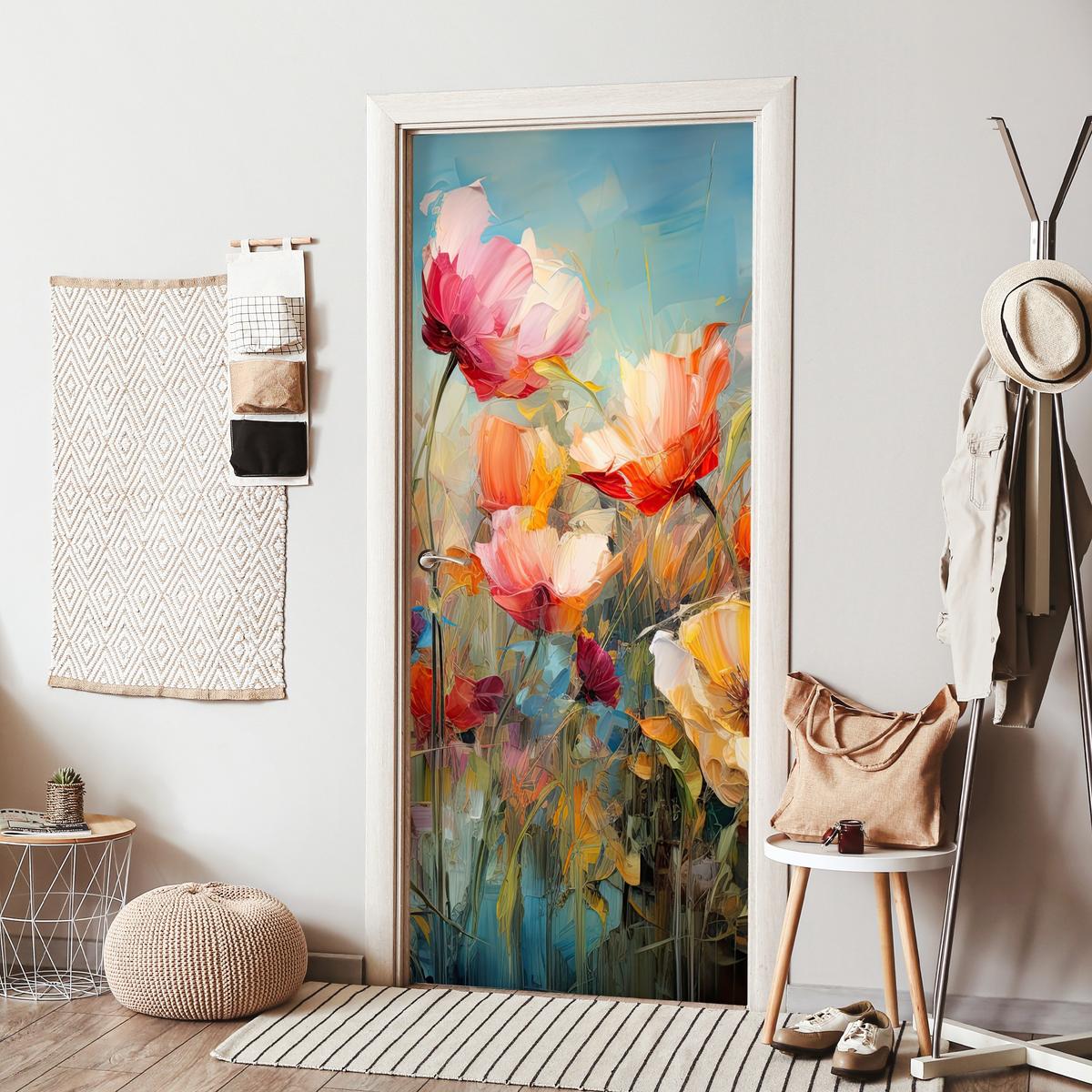 TÜRAUFKLEBER Blumen - Aquarell - Kunst - Botanisch - Natur 90x215 cm - Türtapete - Orange, Kunststoff (90/0.1cm) - MuchoWow