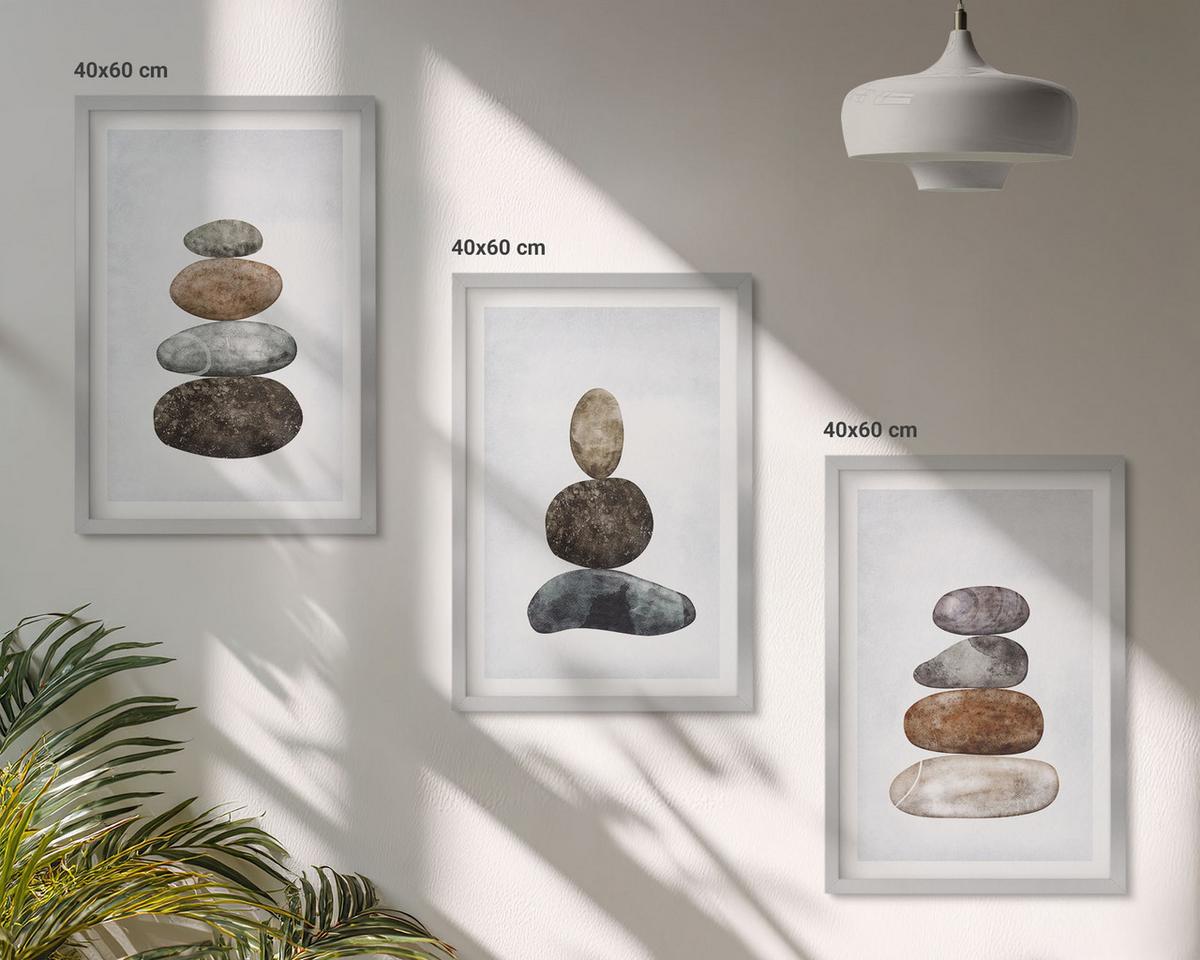 BILDER SET 3er Set - 40x60 cm Silberner Rahmen - Minimalistische Boho-Steine - Silberfarben, Kunststoff (40/60cm) - TULUP