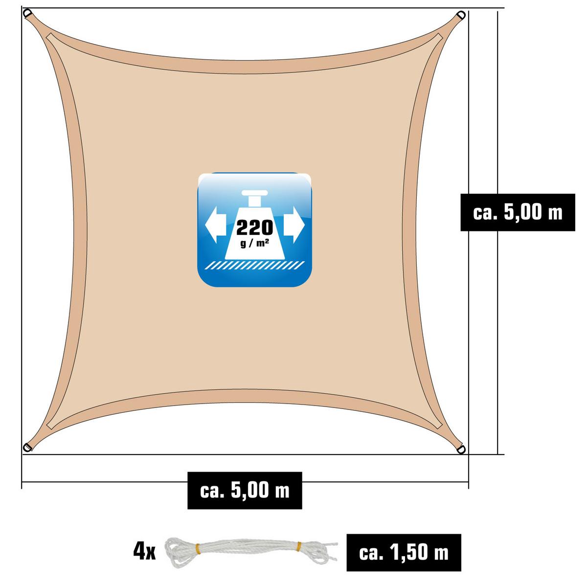 UV-SONNENSEGEL 5/5 m, Viereckig, Wasserdurchlässig, Beige - Beige, Kunststoff (500/500cm) - Amanka