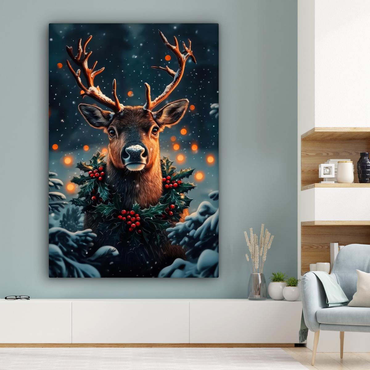 LEINWANDBILD Hirsch - Weihnachten - Winter - Schnee - Weihnachtskranz Deko Groß 90x140 cm - Dunkelbraun, Textil (90/140cm) - MuchoWow