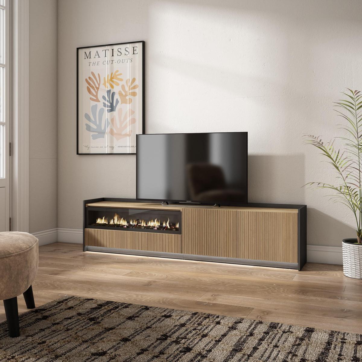 LOWBOARD, Eiche und Schwarz, 207/37/50cm, Elektrokamin, Led - Eichefarben, Holzwerkstoff (207/50/37cm) - Skraut Home