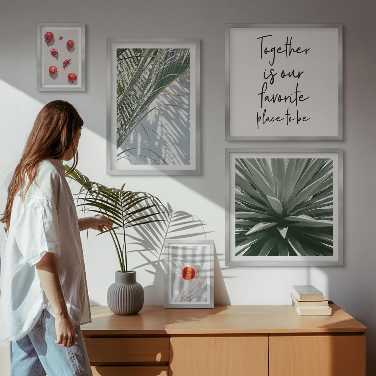 BILDER SET 5er Set - 50x50 cm & 20x30 cm & 40x60 cm Silberner Rahmen - Feiertags-Palmenfrucht-Inschrift - Silberfarben, Kunststoff (40/60cm) - TULUP