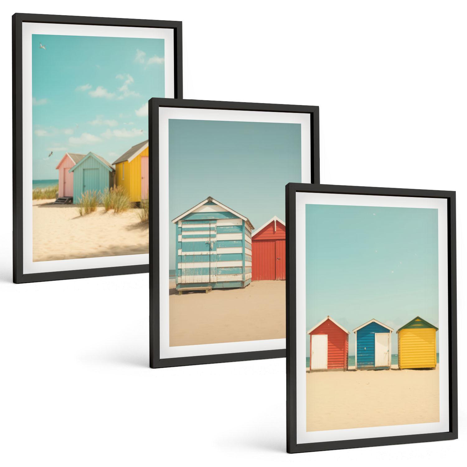BILDER SET 3er Set - 40x60 cm Schwarzer Rahmen - Bunte Häuser, Strand, Sonne - Schwarz, Kunststoff (40/60cm) - TULUP