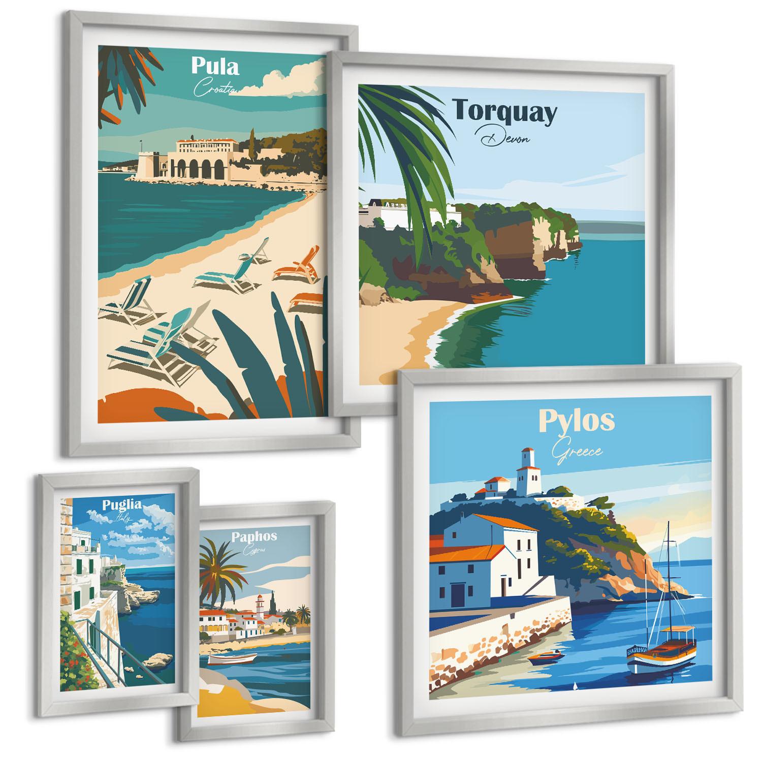 BILDER SET 5er Set - 50x50 cm & 20x30 cm & 40x60 cm Silberner Rahmen - Italienische Küstenstädte - Silberfarben, Kunststoff (40/60cm) - TULUP