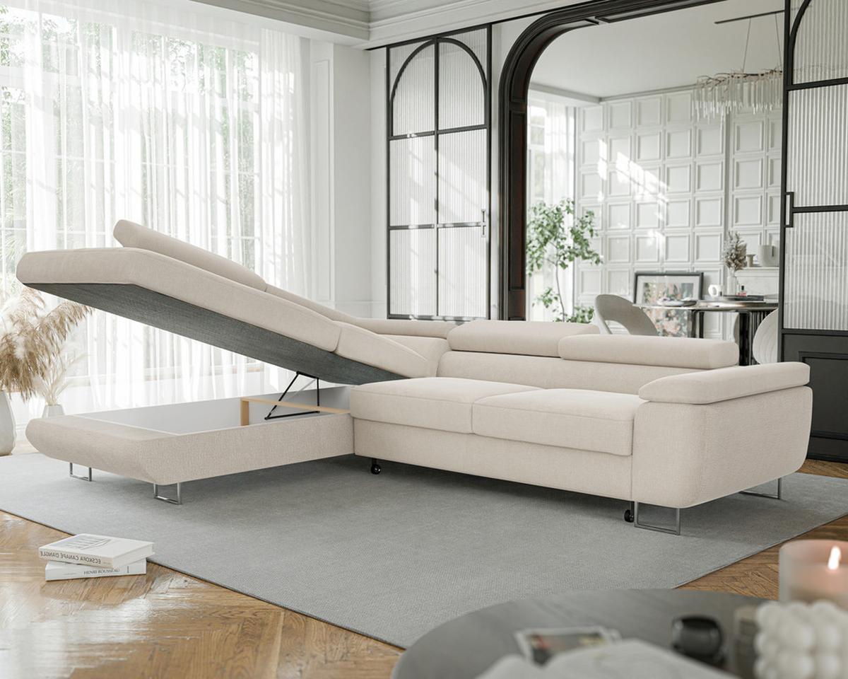 ECKSOFA ANTON links, mit Schlaffunktion und Bettkasten Creme - Chromfarben/Creme, Textil/Metall (274/203cm) - Idohome