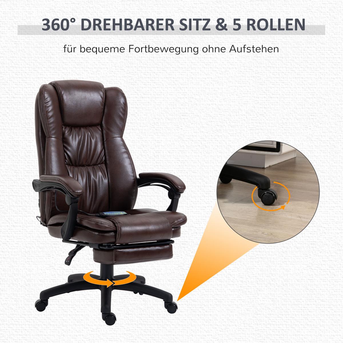 VERSTELLBARER Drehstuhl mit Fußstütze, Kopfstütze, Massagefunktion, Braun - Schwarz/Braun, Kunststoff (68.5/121/68.5cm) - Vinsetto