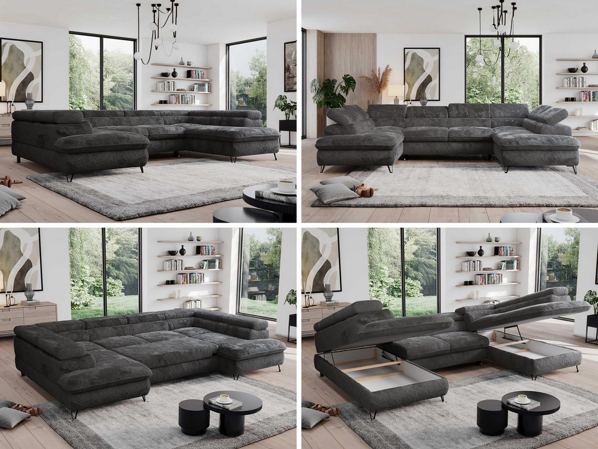 WOHNLANDSCHAFT PETER U Plüsch Anthrazit - Anthrazit/Schwarz, Textil/Metall (346/76/208cm) - MKS