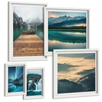 BILDER SET 5er Set - 50x50 cm & 20x30 cm & 40x60 cm Weißer Rahmen - Abstrakte Monstera-Palmenblätter - Weiß, Kunststoff (40/60cm) - TULUP