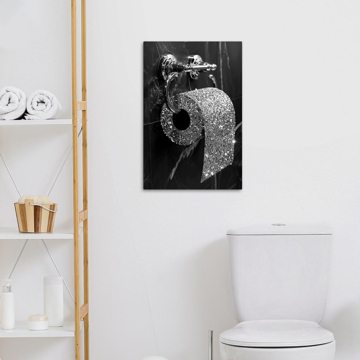 LEINWANDBILD WC - Toilettenpapier - Schwarz und weiß - Glitter Wanddeko 40x60 cm - Silberfarben, Textil (40/60cm) - MuchoWow