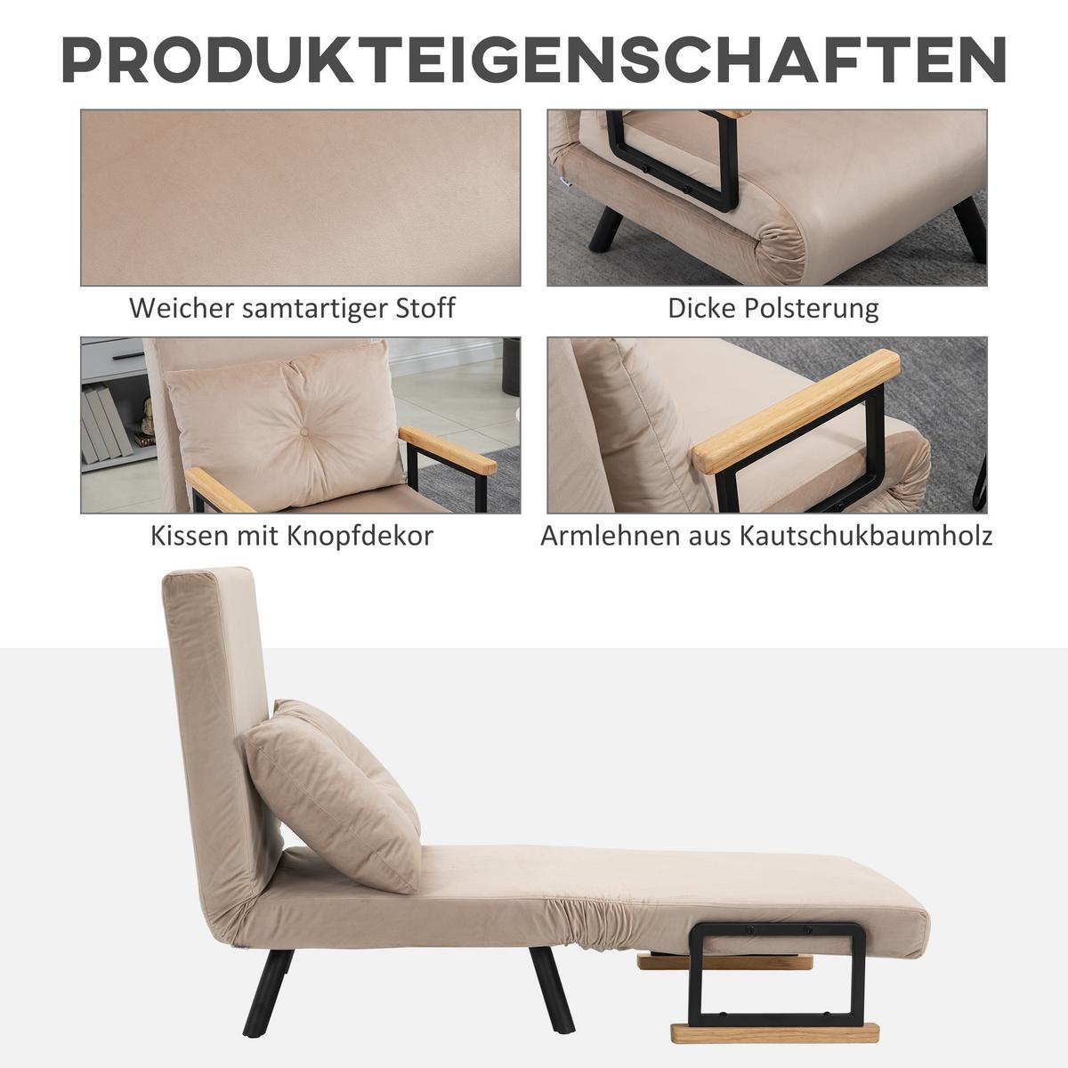 SCHLAFSESSEL, Einzelsofa mit Bettfunktion, Relaxsessel mit Rückenkissen Beige - Beige/Schwarz, Holz/Textil (73/81/63cm) - HOMCOM