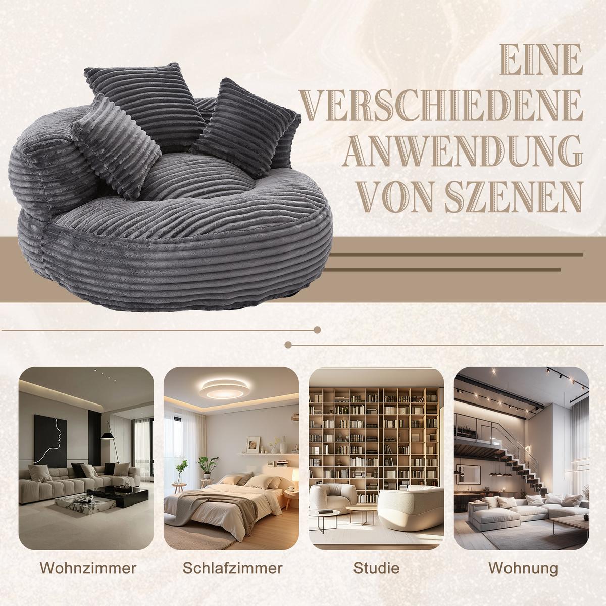 SITZSACK cord dunkelgrau mit rückenlehne & 3 kissen - Dunkelgrau, Textil (108/52/108cm) - Urban Meuble