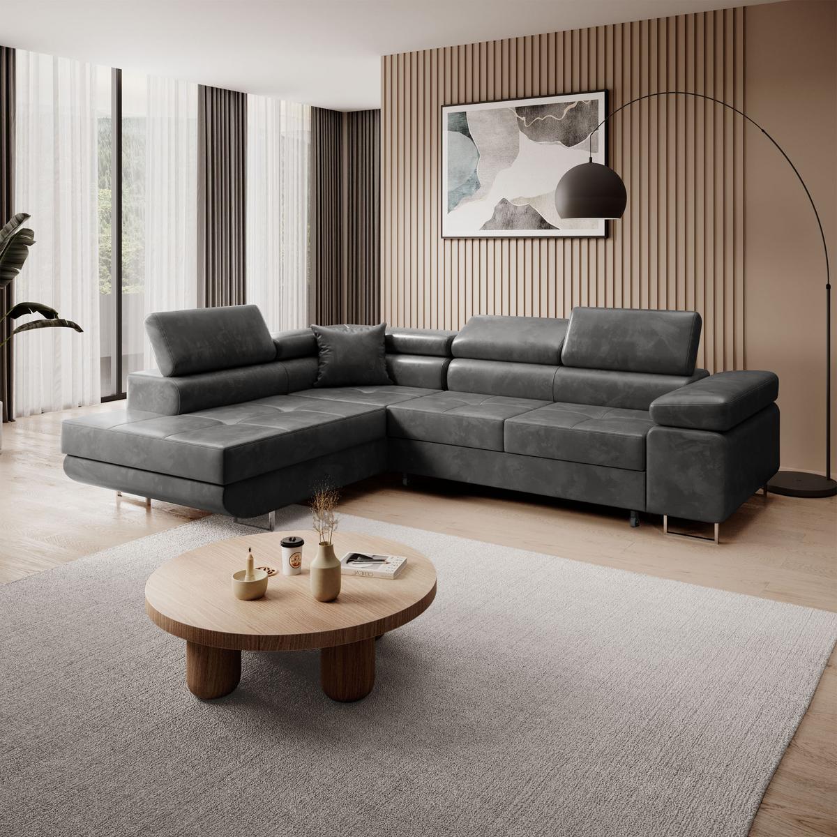ECKSCHLAFSOFA Vild verstellbaren Kopfstützen, Grau, links - Chromfarben/Grau, Textil (275/203cm) - Beautysofa