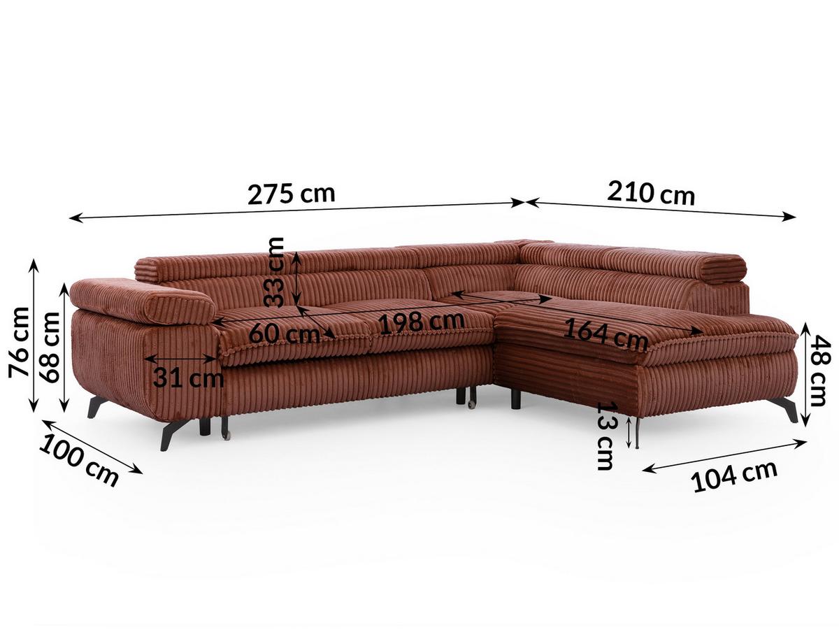 ECKSOFA mit Schlaffunktion und Bettkasten Bonnie aus Terrakotta Cord-Stoff mit verstellbaren Kopfstützen und Armlehne - Ottomane rechts - Terracotta/Schwarz, Holz/Textil (275/210cm) - S-Style Möbel