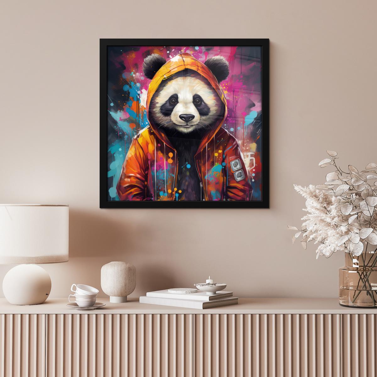 POSTER MIT RAHMENGERAHMTES BILD Panda - Jacke - Graffiti - Orange 40x40 cm - Orange, Papier (40/40cm) - MuchoWow