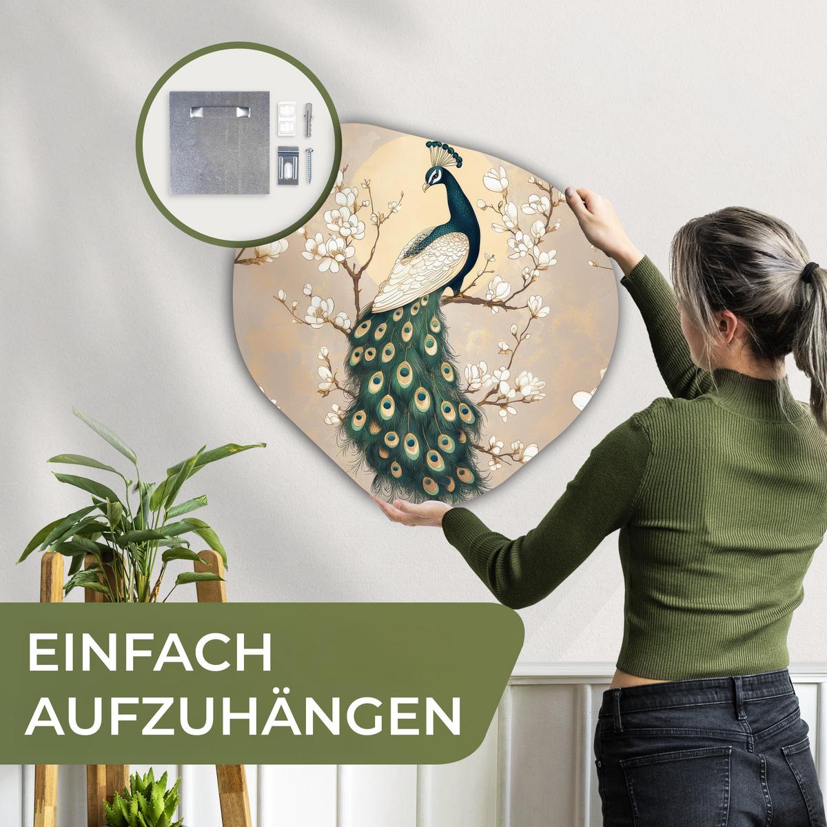 WANDBILD Pfau - Zweig - Blumen Wandbild 60x60 cm - Champagner, Kunststoff (60/60cm) - MuchoWow