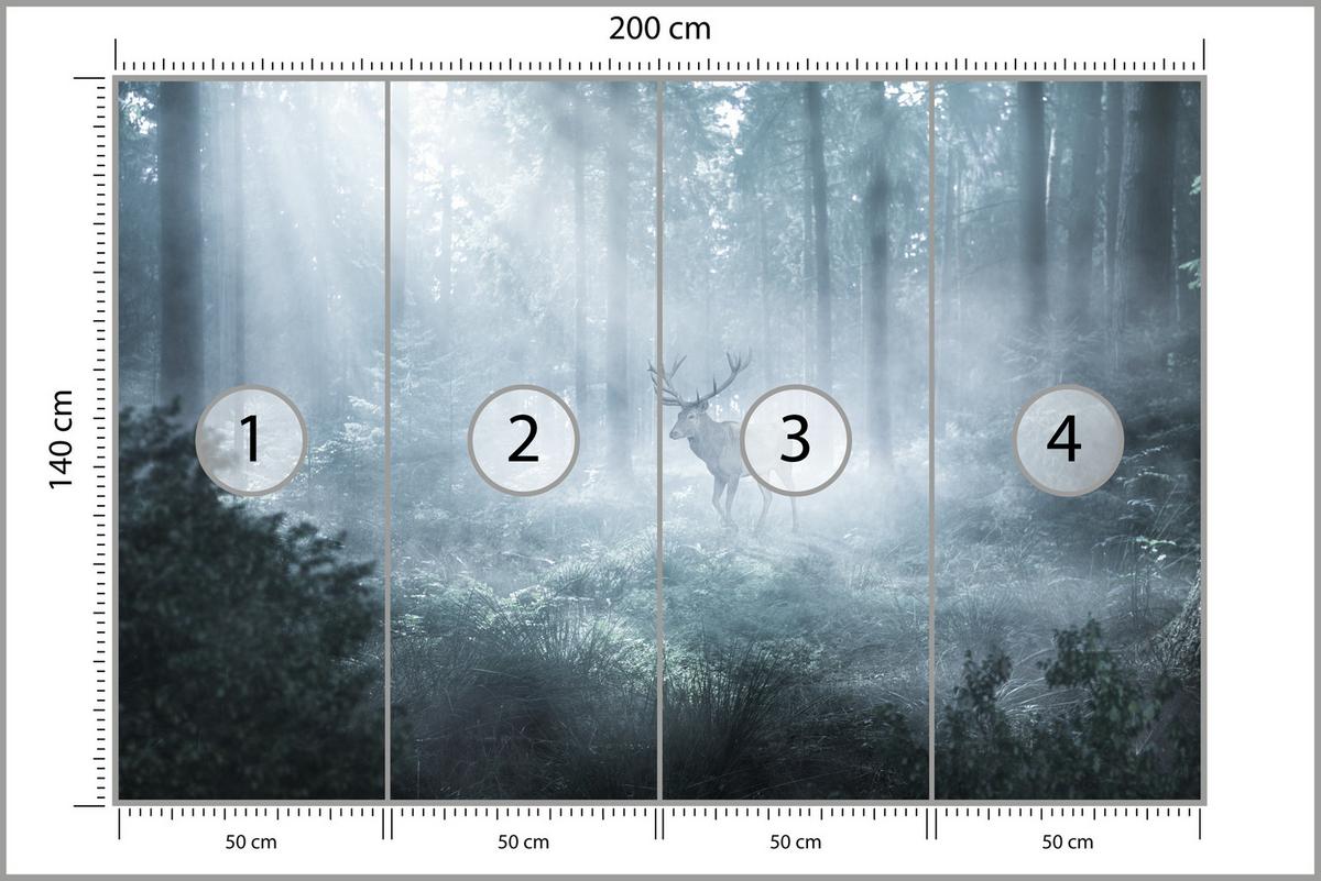 FOTOTAPETE für Wohnzimmer Hirsch Nebelwald Bäume Pflanzen 200x140 - Weiß/Grau, Papier (200/140cm) - Muralo