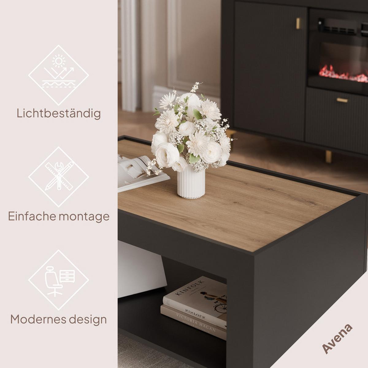 COUCHTISCH AVENA 97/56/47 cm Rechteckig, Schwarz/Eiche - Schwarz, Holzwerkstoff/Kunststoff (56/97/47cm) - Idohome