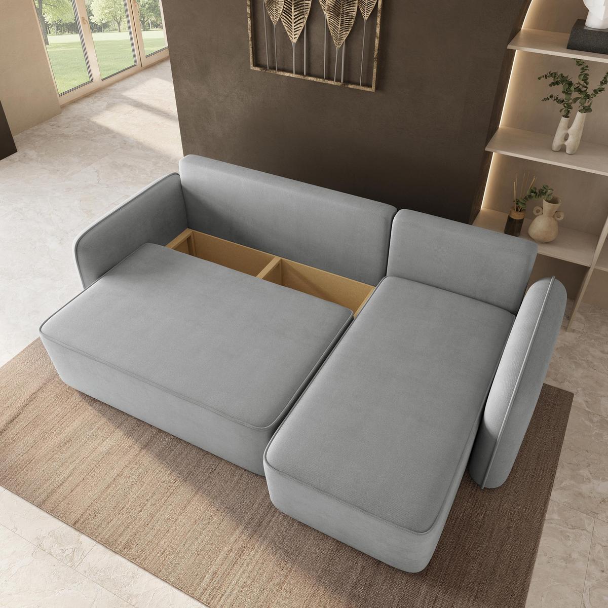 ECKSOFA DOLVER Hellgrau Plüsch-Stoff mit Schlaffunktion - Hellgrau, Holz (238/156cm) - MASSENO