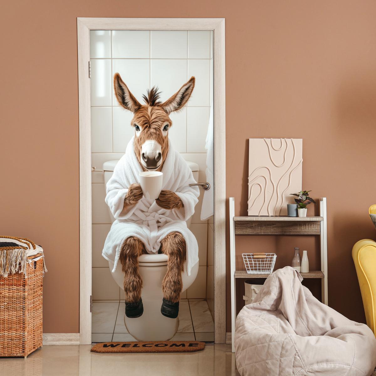 TÜRAUFKLEBER Esel - WC - Lustig - Bademantel - Tier 80x215 cm - Türtapete - Beige, Kunststoff (80/0.1cm) - MuchoWow