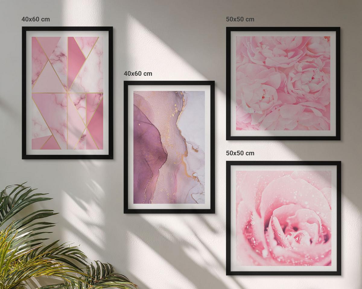 BILDER SET 4er Set - 50x50 cm & 40x60 cm Schwarzer Rahmen - Rosa geometrische Pfingstrosen - Schwarz, Kunststoff (50/50cm) - TULUP