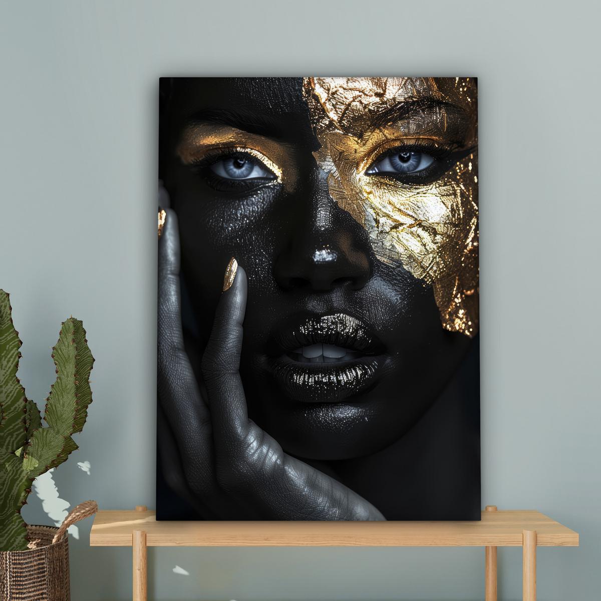 LEINWANDBILD Frau - Gold - Porträt - Schwarz-Weiß - Luxus Wandbild Wohnzimmer 60x80 cm - Hellblau, Textil (60/80cm) - MuchoWow