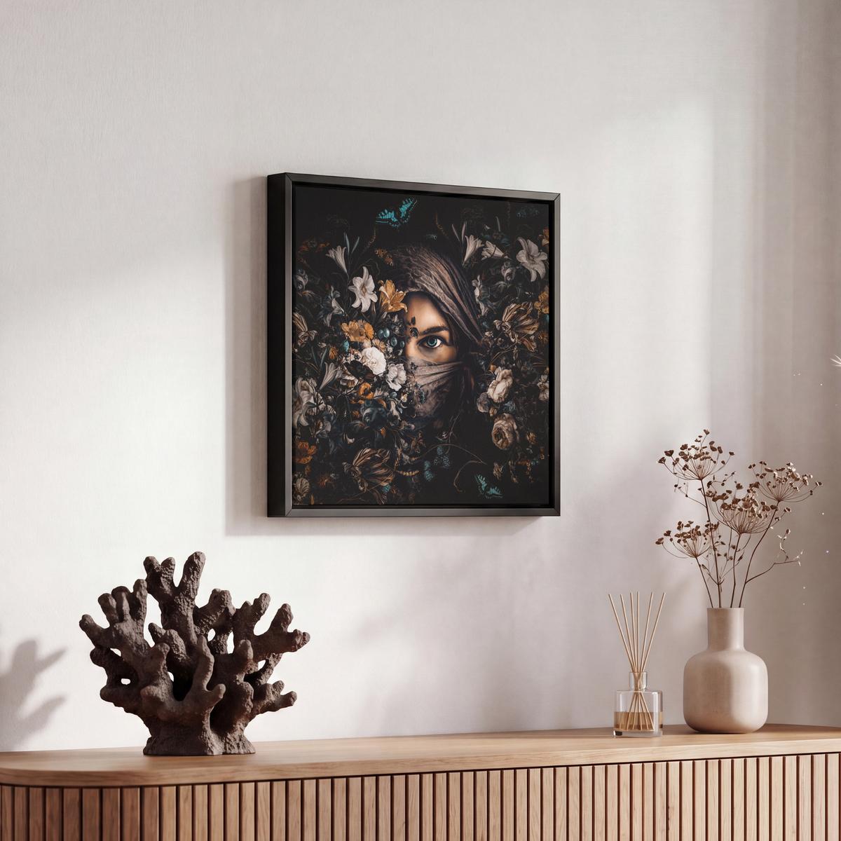 LEINWAND Bilder mit Rahmen - Frau - Luxus - Blumen - Schmetterling - Porträt - 20x20 - Schwarz, Textil (20/20cm) - MuchoWow