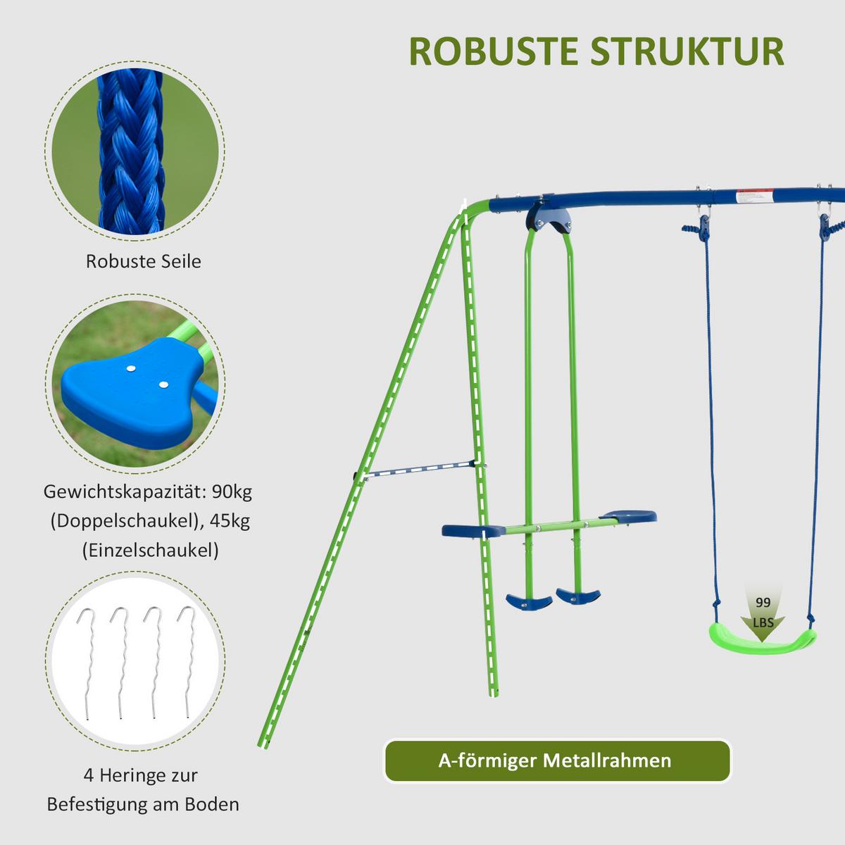 SCHAUKELGESTELL, Outdoor-Schaukelgerüst mit 2 Schaukeln, 1 Wippe, Grün - Grün, Metall (140/280cm) - Outsunny
