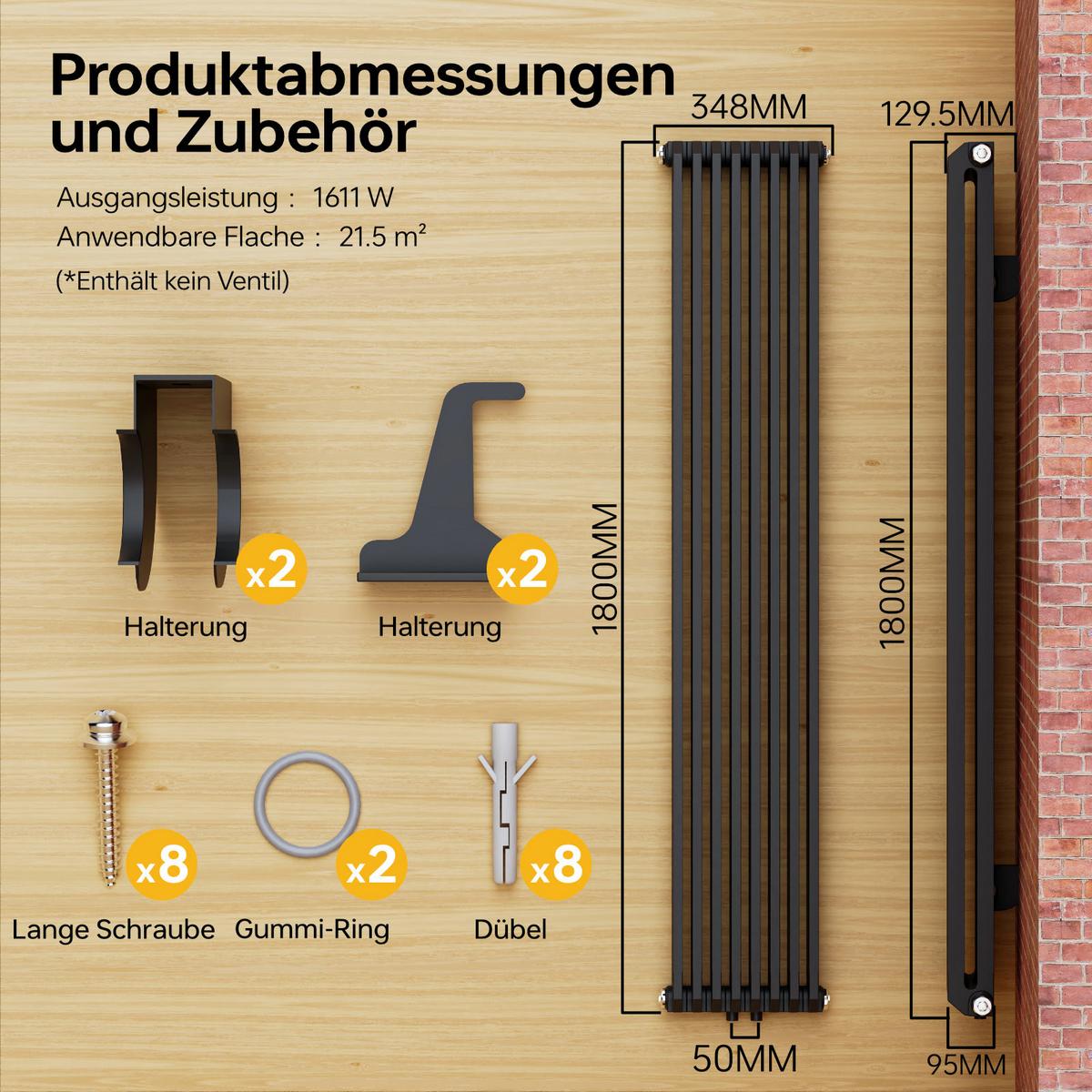 HEIZKÖRPER D-Profil Vertikal Mittelanschluss Anthrazit 180/34,8 cm - Anthrazit, Metall (35/180/10cm) - EMKE