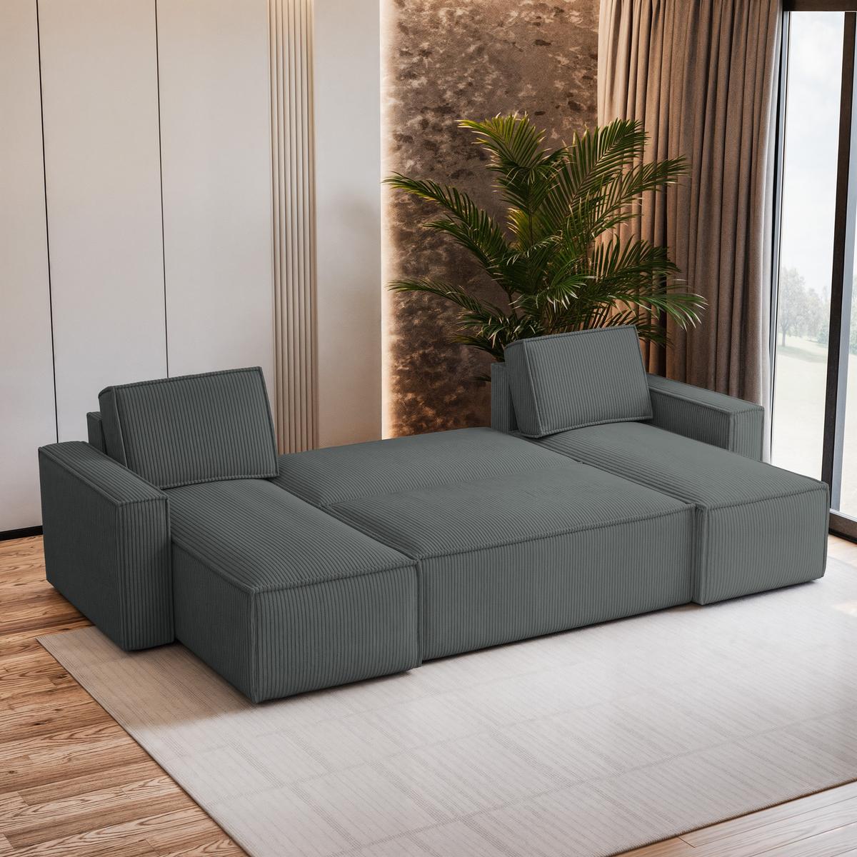 WOHNLANDSCHAFT PESANO P Grau Kordstoff mit Schlaffunktion - Grau, Holz/Kunststoff (306/85/140cm) - MASSENO