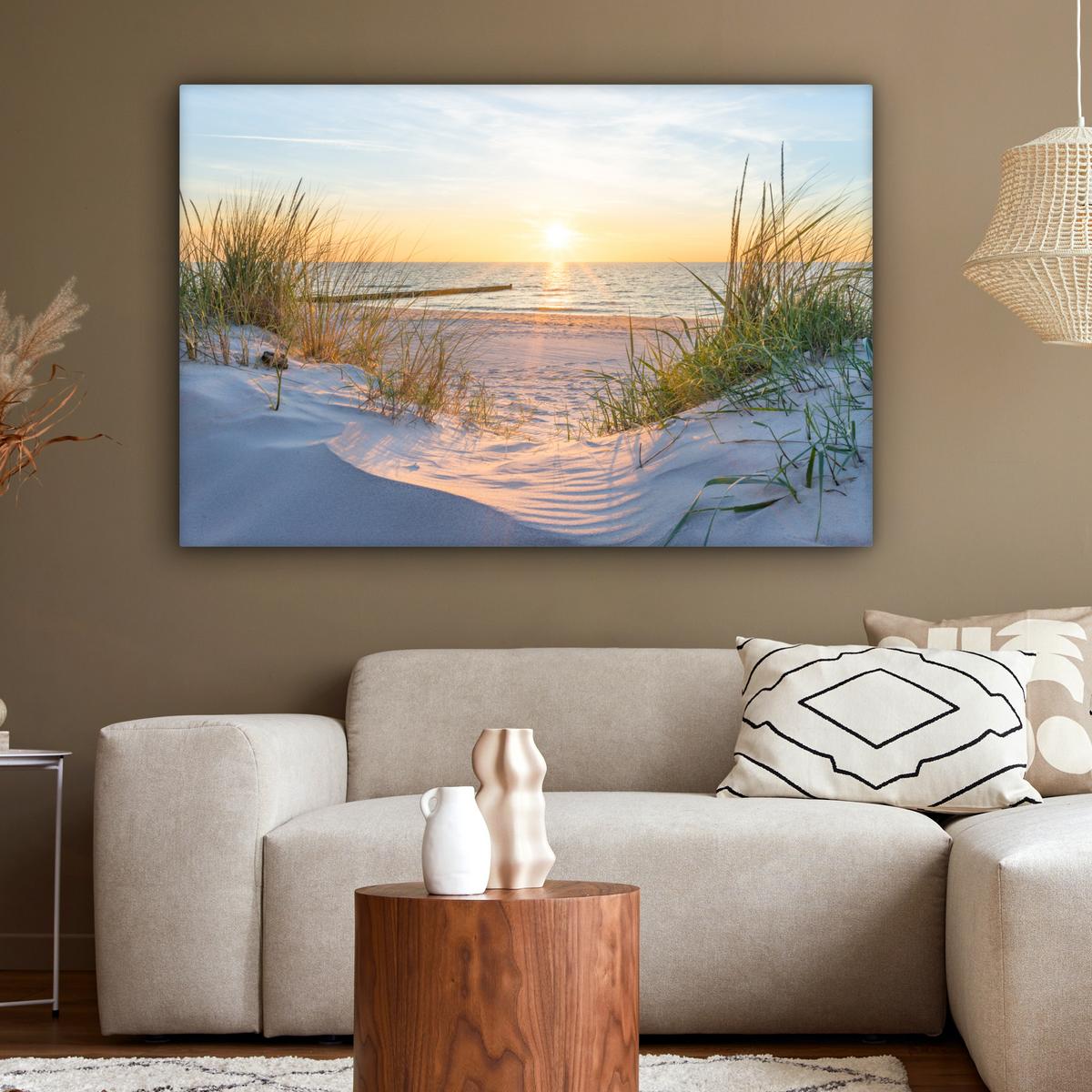 LEINWANDBILD Strand - Sonne - Düne - Gras - Sand - Horizont Groß 140x90 cm - Hellblau, Textil (140/90cm) - MuchoWow