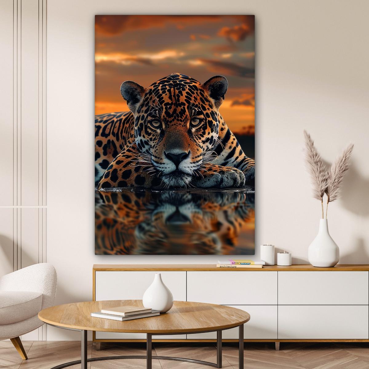 LEINWANDBILD Natur - Leopard - Tier - Sonnenuntergang - Modern Deko XXL 80x120 cm - Orange, Textil (80/120cm) - MuchoWow