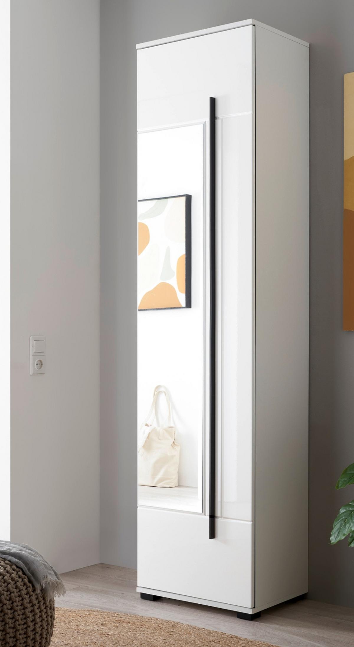 SCHUHSCHRANK weiß Hochglanz 50 x 200 cm, Garderobenschrank mit Spiegel - Weiß Hochglanz/Schwarz, Glas/Holzwerkstoff (50/200/39cm) - Furn.Design