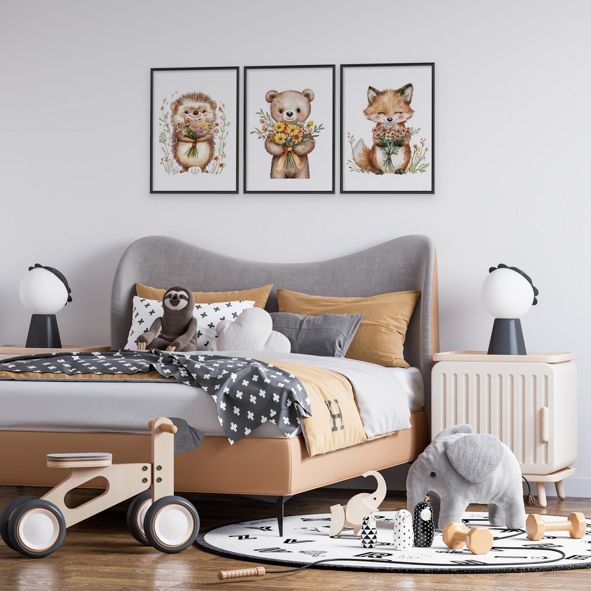 POSTER SET ohne Rahmen für Kinder WALDTIERE Blumen Pflanzen 3x Poster A4 21x30cm - Gelb/Beige, Papier (21/30/1cm) - Muralo
