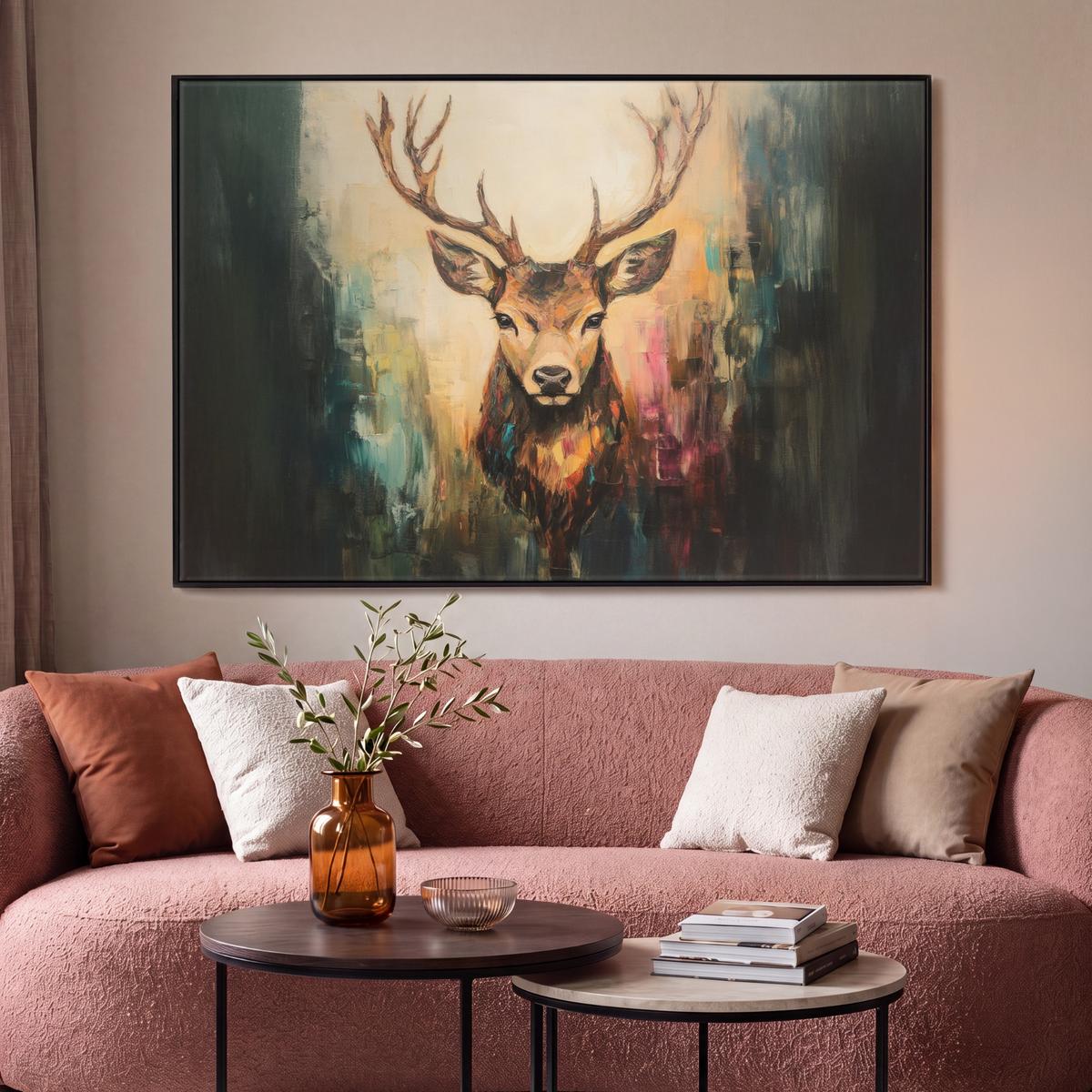 LEINWAND Bilder mit Rahmen - Hirsch - Gemalt - Geweih - Braun - 150x100 - Haselnussfarben, Textil (150/100cm) - MuchoWow