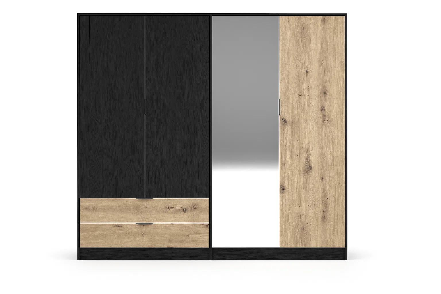 DREHTÜRENSCHRANK LAMON 220,5/203/54cm 4-türig mit Spiegel Graphit - Graphitfarben/Eiche Artisan, Holzwerkstoff (220.5/203/54cm) - MASSENO