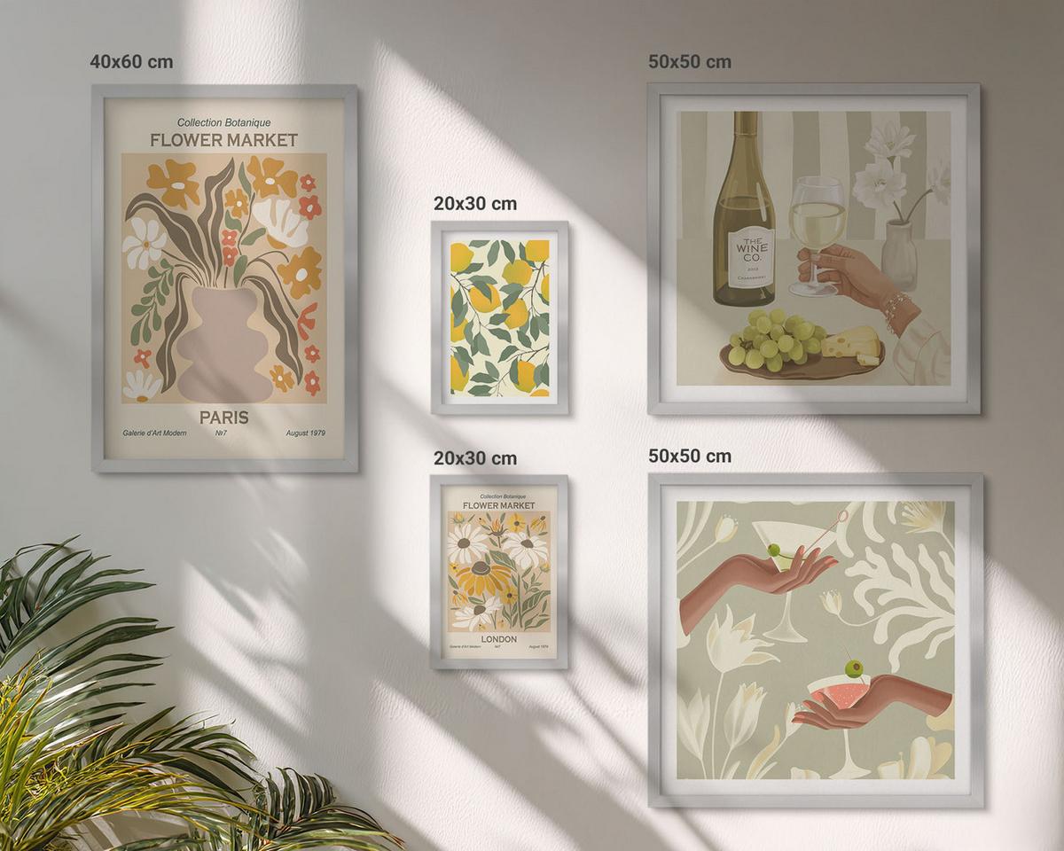 BILDER SET 5er Set - 50x50 cm & 20x30 cm & 40x60 cm Silberner Rahmen - Blumenposter Paris Mailand - Silberfarben, Kunststoff (40/60cm) - TULUP